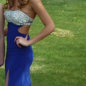 Sapphire blue, jeweled bust La Femme gown, size 00